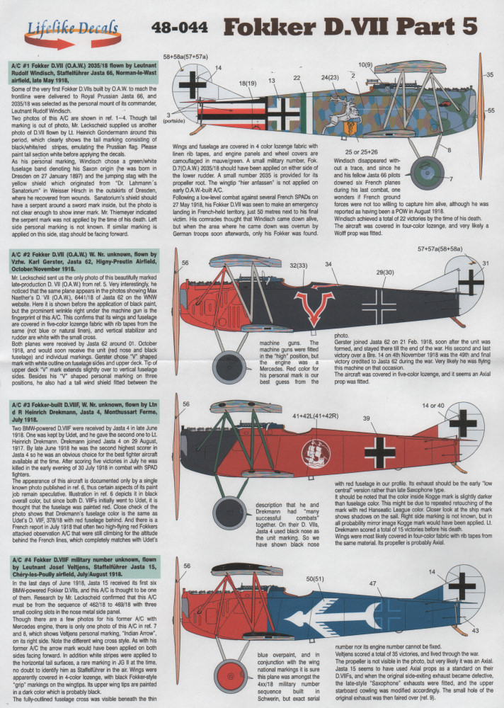 Lifelike Decals 1/48 Fokker D.VII Part 5 Decal Image