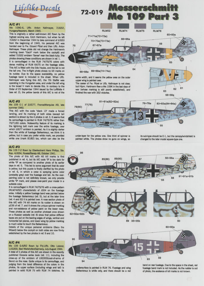Lifelike Decals 1/72 Me 109 Part 3 Decal Image