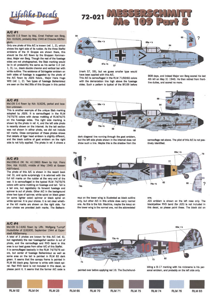 Lifelike Decals 1/72 Me 109 Part 5 Decal Image