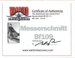 Warbird Recovery Bf 109F-4 Plaque